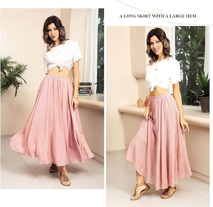 Ezcosplay Women Bohemian Beach A-Line Dress Double Layer Elastic Waist Long Maxi Skirt