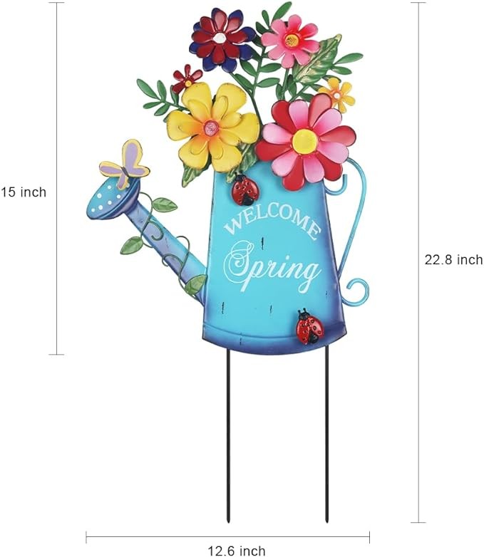 hogardeck Garden Decor for Outside, Metal Watering Can Decorative Garden Stakes with Flowers, Yard Art Welcome Spring Signs for Outdoor Lawn Backyard Porch Patio Garden Decorations
