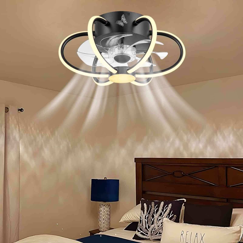 16.1" Flush Mount Ceiling Fan Light Dimmable LED Chandelier Lamp 6-Speed Remote